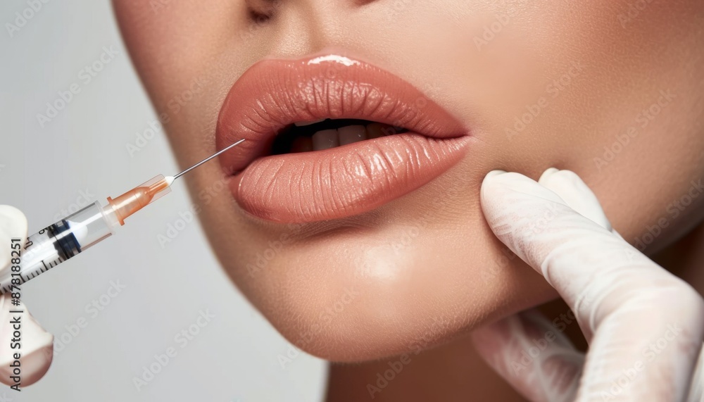 Procedure lip augmentation, Cosmetologist does injection Lip filling close-up pic about a woman lips Procedure lip augmentation, Cosmetologist does injection Lip filling close-up pic about a woman lips