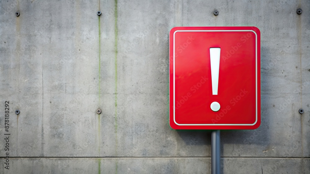 Achtung Ausrufezeichen auf roten Schild vor grauer Wand , warning, sign, attention, exclamation point, red, grey Achtung Ausrufezeichen auf roten Schild vor grauer Wand , warning, sign, attention, exclamation point, red, grey