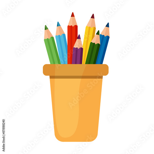 Colored pencils in a glass for office, school, study. Yellow glass. Flat vector illustration isolated on white background