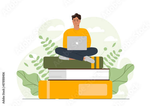 Man learning with laptop. Young guy with portable computer sits on stack of textbooks. Remote education and training. Student doing homework, preparing for test or exam. Cartoon vector illustration