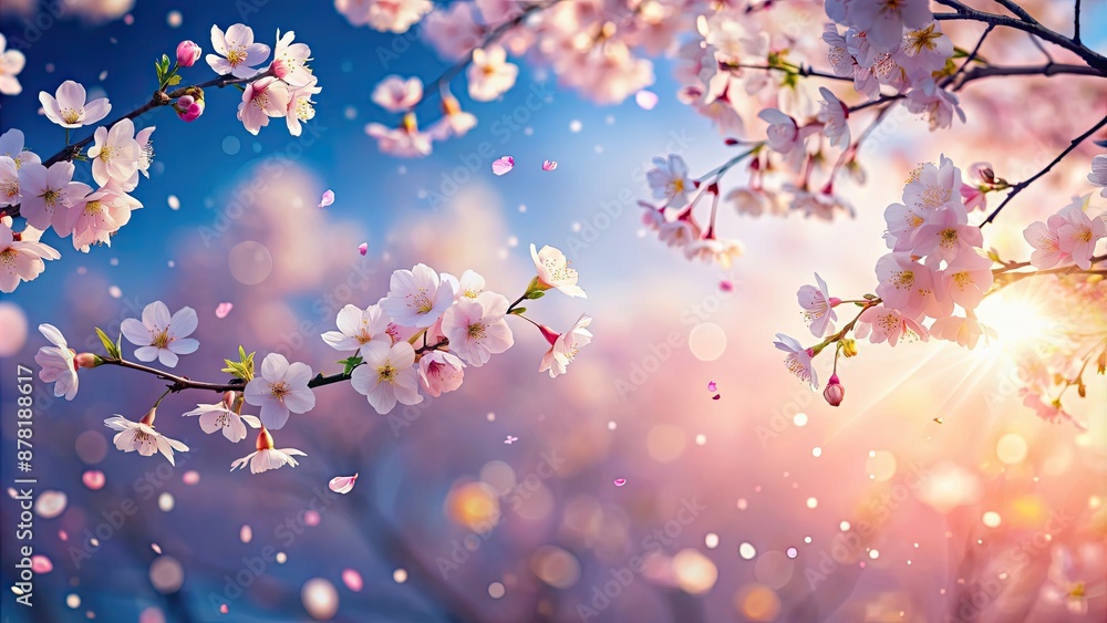Glowing sky and cherry blossoms in spring with falling petals, sparkling, light, sky, cherry blossoms, spring, petals, falling Glowing sky and cherry blossoms in spring with falling petals, sparkling, light, sky, cherry blossoms, spring, petals, falling