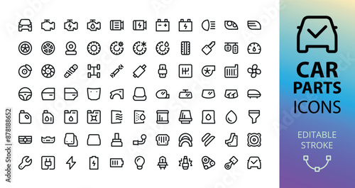 Car spare parts UI icons set. Auto parts vector symbols with editable stroke