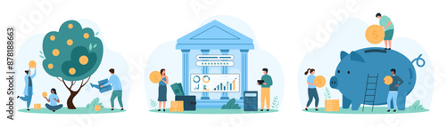 Financial investments and savings management set. Tiny people save money and grow coins tree, calculate expenses and income in family budget using banks mobile app cartoon vector illustration