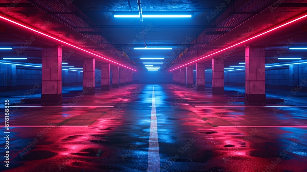 Neon-Lit Underground Parking Garage Neon-Lit Underground Parking Garage