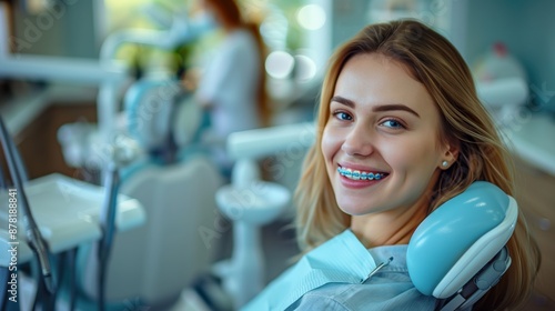 Happy Patient With Braces Smiling in Dental Clinic - Dental Care