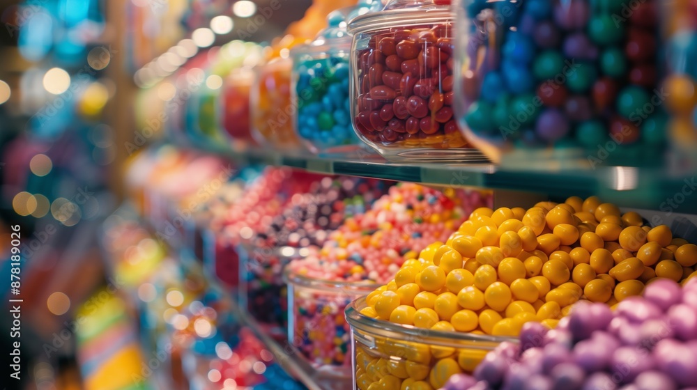 A vibrant candy display brightens the sweet shop, enticing customers with delicious and eye-catching treats. A vibrant candy display brightens the sweet shop, enticing customers with delicious and eye-catching treats.