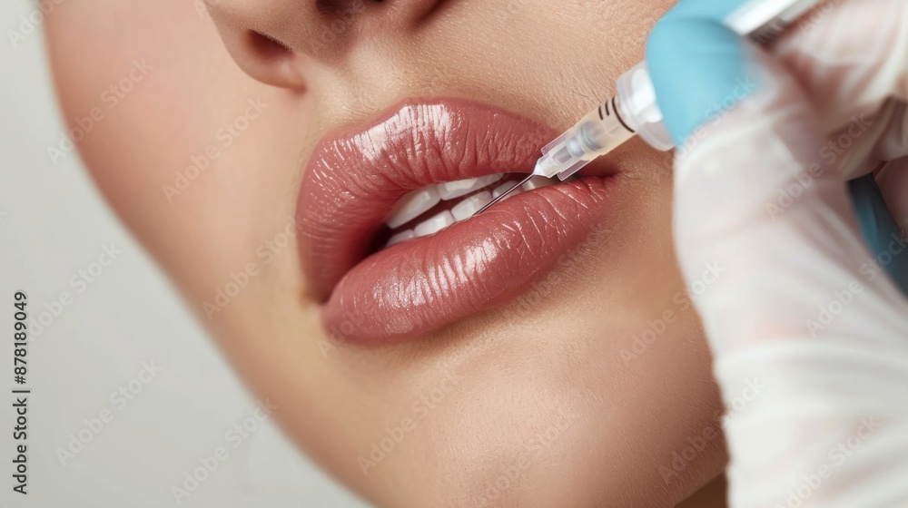 Procedure lip augmentation, Cosmetologist does injection Lip filling close-up pic about a woman lips Procedure lip augmentation, Cosmetologist does injection Lip filling close-up pic about a woman lips
