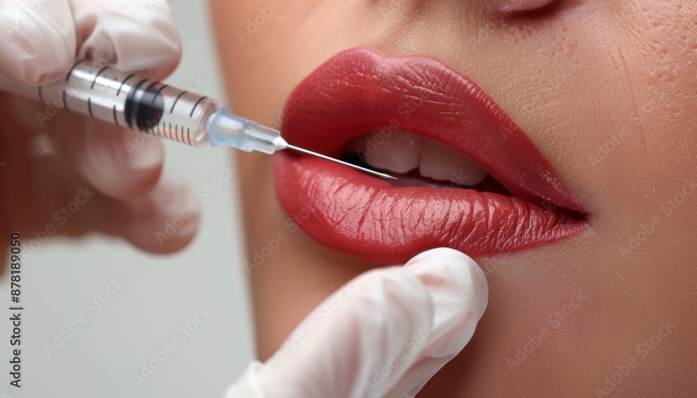 Procedure lip augmentation, Cosmetologist does injection Lip filling close-up pic about a woman lips Procedure lip augmentation, Cosmetologist does injection Lip filling close-up pic about a woman lips