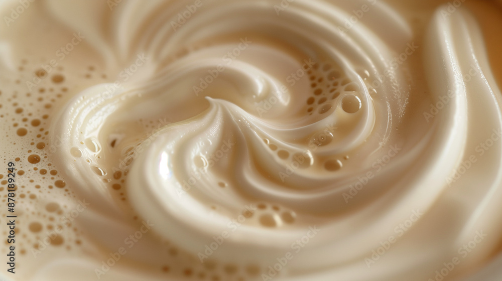 A close shot of the milk foam circulating in the latte frother, its movements primed to create artistic patterns on the coffee. A close shot of the milk foam circulating in the latte frother, its movements primed to create artistic patterns on the coffee.