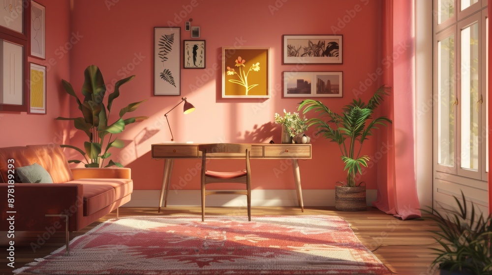 A contemporary room with a pink wall, a desk and chair made of wood in the corner, a sofa, a rug A contemporary room with a pink wall, a desk and chair made of wood in the corner, a sofa, a rug