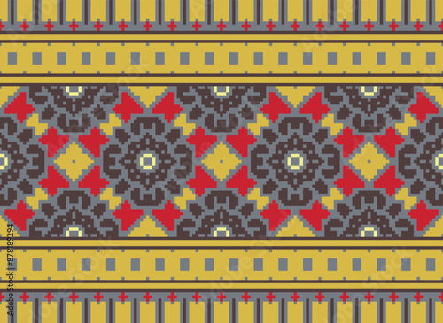 Pixel Geometric traditional ethnic pattern Ikat seamless pattern border abstract design for fabric print cloth dress carpet curtains and sarong Aztec African Indian Indonesian