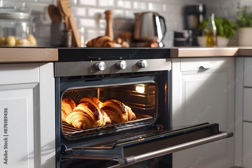 croissants baking inside the oven, showcasing the bright and airy kitchen setting croissants baking inside the oven, showcasing the bright and airy kitchen setting