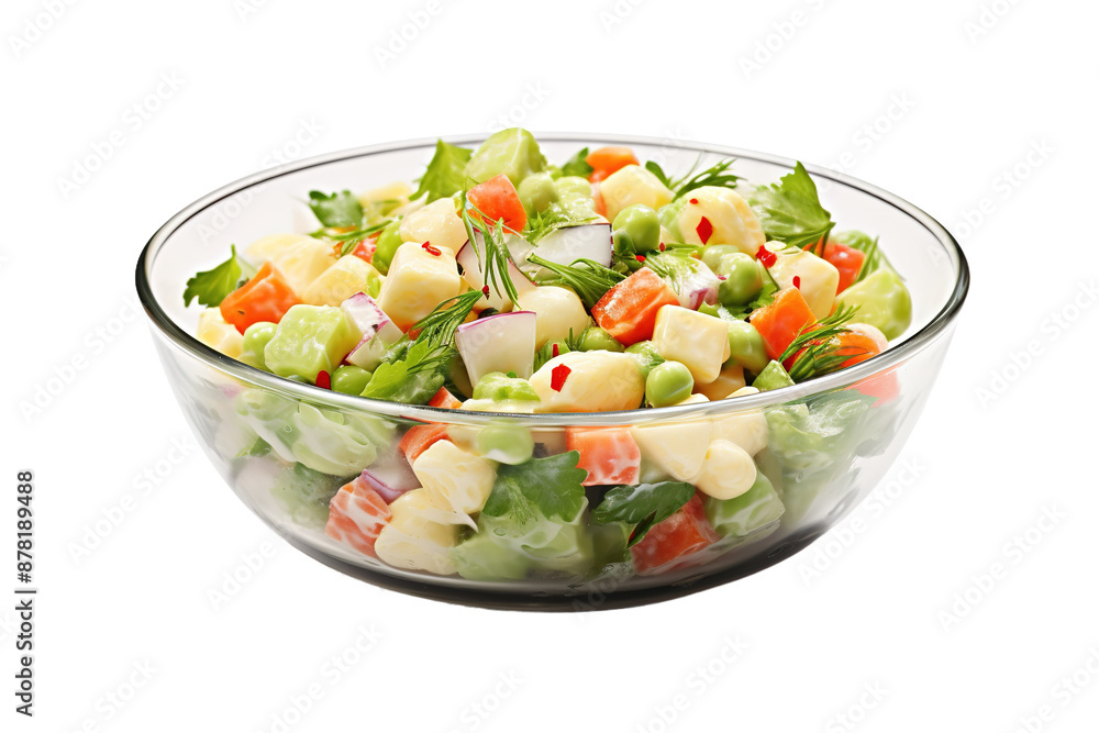 Culinary Delight: Vibrant Salad Served in a Glass Bowl on White or PNG Transparent Background. Culinary Delight: Vibrant Salad Served in a Glass Bowl on White or PNG Transparent Background.