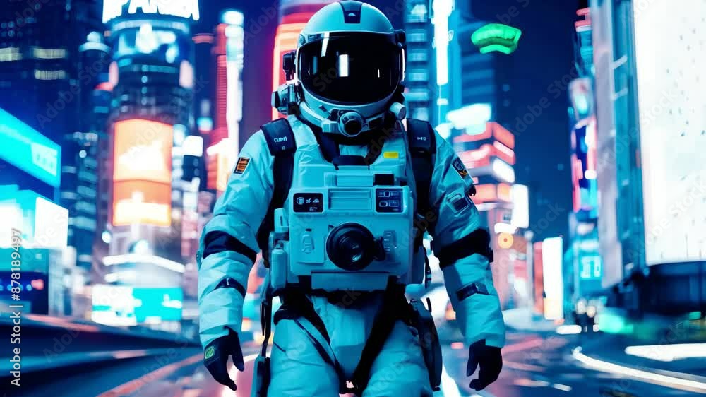 Astronaut exploring a futuristic city center at night with neon lights Astronaut exploring a futuristic city center at night with neon lights