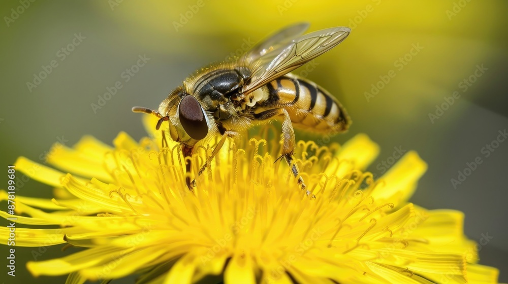 Close up of hoverfly gathering pollen from dandelion flower Close up of hoverfly gathering pollen from dandelion flower