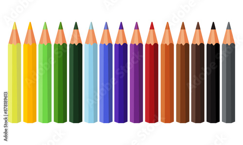 Set of colored pencils of different colors, colored pencils with eraser. Vector illustration. Isolated on white background