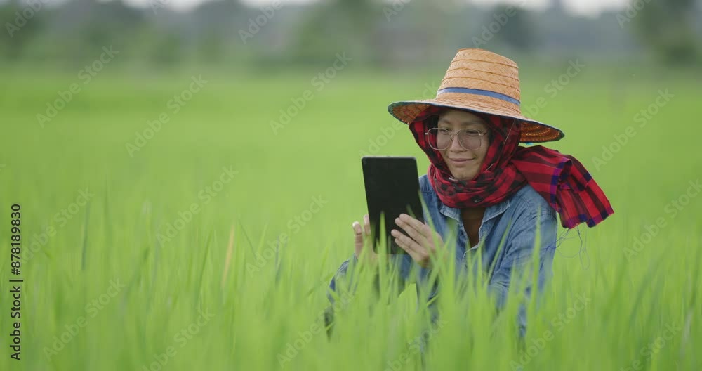 Asian farmer holding tablet walking in rice field to store information Asian farmer holding tablet walking in rice field to store information