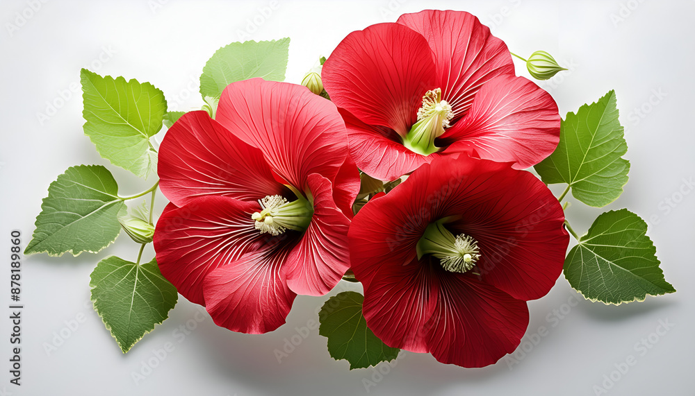 Three Red Hibiscus Flowers With Green Leaves on a White Background