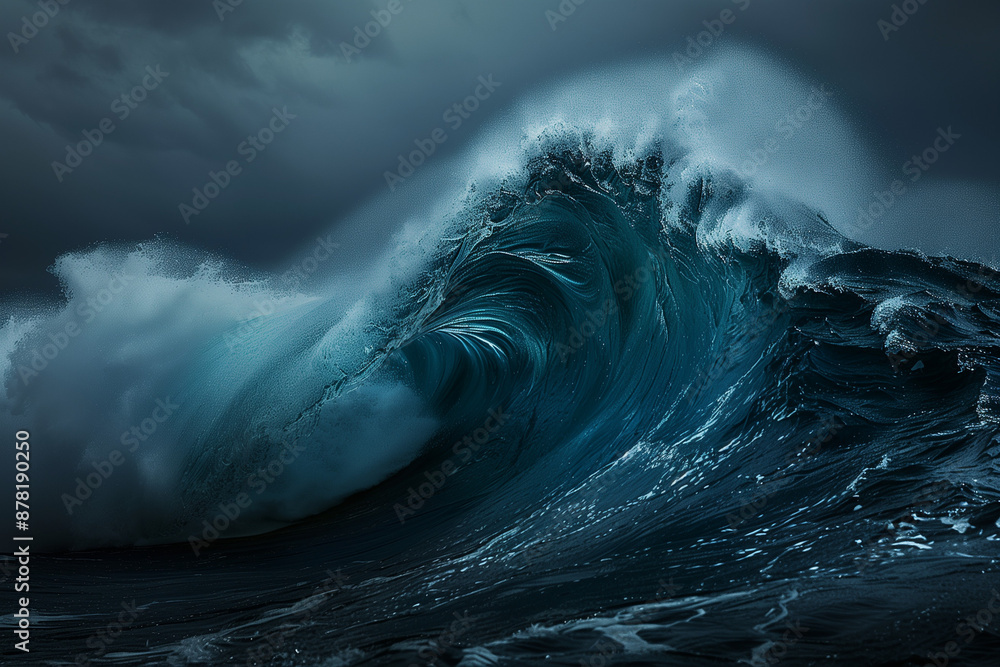 Fototapeta premium Beautiful giant wave in the ocean with a blue color, with dramatic lighting, in a high resolution photograph, with insanely detailed and intricate fine details, isolated on a dark background.
