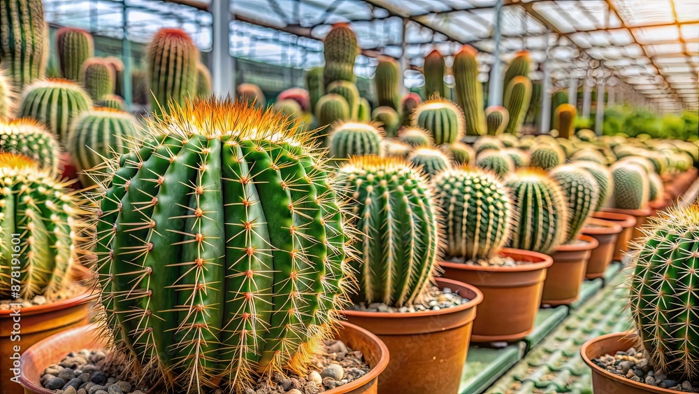 Closeup image of cactus with sharp thorns growing in pots in a hothouse , desert, succulent, plant, spikes, prickly