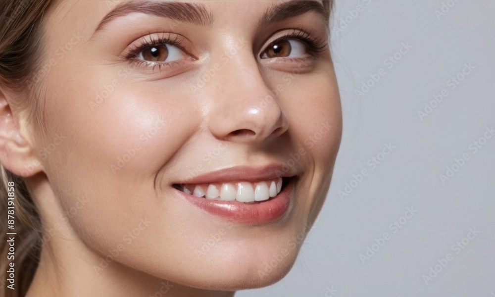 Perfect healthy white teeth smile of a young woman. Dental health or healthy skin concept for dental clinic. Generative AI Perfect healthy white teeth smile of a young woman. Dental health or healthy skin concept for dental clinic. Generative AI