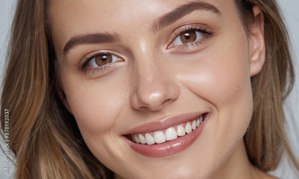 Perfect healthy white teeth smile of a young woman. Dental health or healthy skin concept for dental clinic. Generative AI Perfect healthy white teeth smile of a young woman. Dental health or healthy skin concept for dental clinic. Generative AI