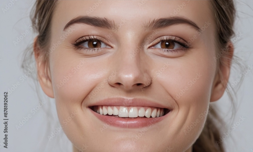 Perfect healthy white teeth smile of a young woman. Dental health or healthy skin concept for dental clinic. Generative AI Perfect healthy white teeth smile of a young woman. Dental health or healthy skin concept for dental clinic. Generative AI