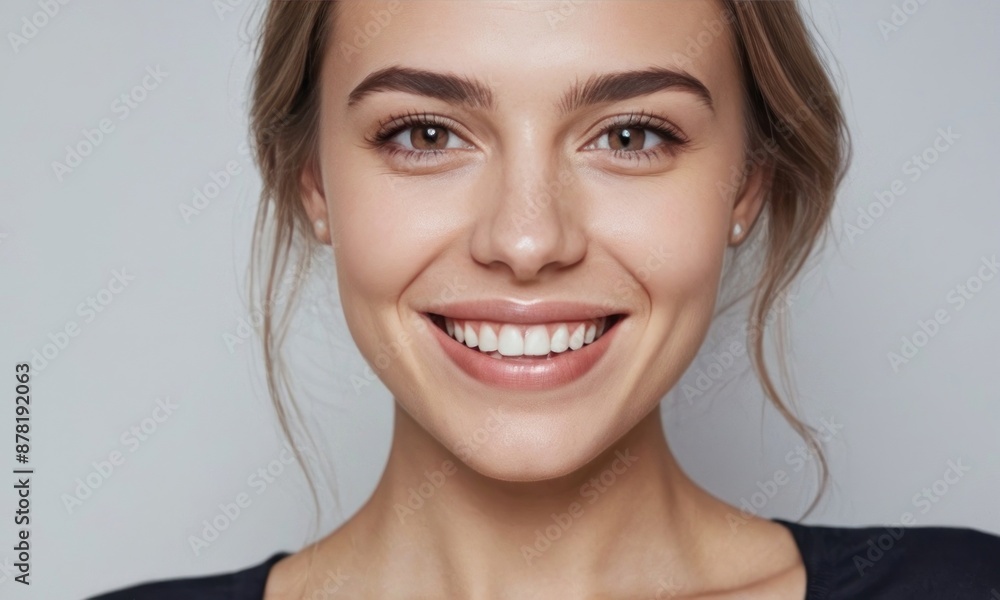 Perfect healthy white teeth smile of a young woman. Dental health or healthy skin concept for dental clinic. Generative AI Perfect healthy white teeth smile of a young woman. Dental health or healthy skin concept for dental clinic. Generative AI