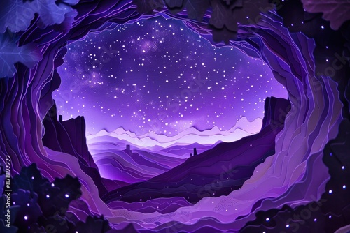 Violet paper cutout of a starry night sky, portraying the vastness and wonder of the universe.