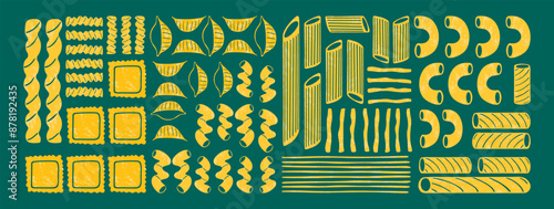 Pasta types horizontal background. Different shapes of Italian pasta. Spaghetti, Farfalle, penne, rigatoni, ravioli, fusilli,conchiglie, elbows, rotelle, orzo, paccheri illustration.