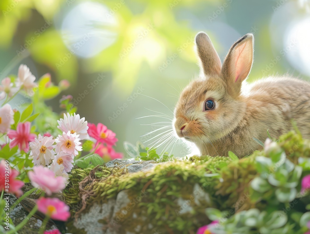 enchanting spring scene with a fluffy rabbit emerging from a mosscovered stone wall vibrant flowers and soft bokeh create a magical atmosphere capturing the wonder of natures renewal enchanting spring scene with a fluffy rabbit emerging from a mosscovered stone wall vibrant flowers and soft bokeh create a magical atmosphere capturing the wonder of natures renewal