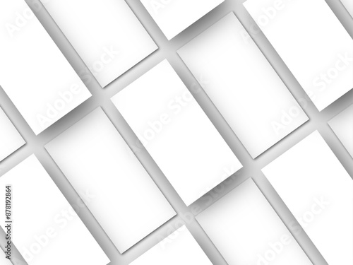 Closeup of empty white flyer poster mockups lying diagonally with shadow on neutral light grey background