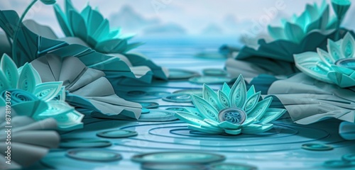 Turquoise paper quilling of a serene lotus pond, highlighting the beauty and tranquility of nature.