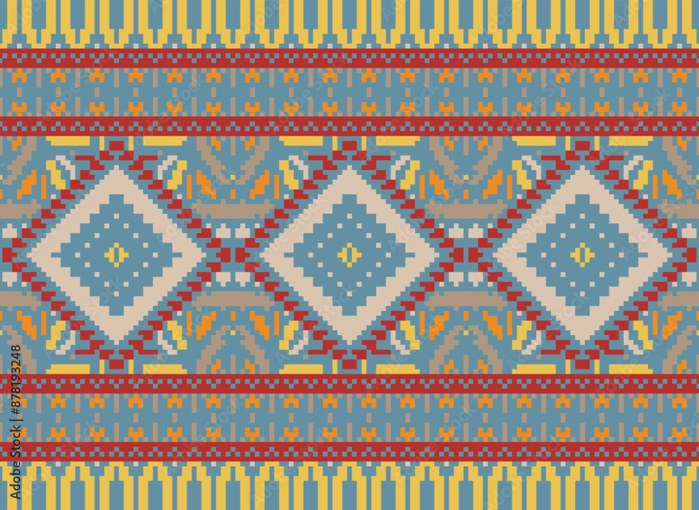 flower embroidery on cream background. ikat and cross stitch geometric seamless pattern ethnic oriental traditional. Aztec style illustration design for carpet, wallpaper, clothing, wrapping, batik. flower embroidery on cream background. ikat and cross stitch geometric seamless pattern ethnic oriental traditional. Aztec style illustration design for carpet, wallpaper, clothing, wrapping, batik.