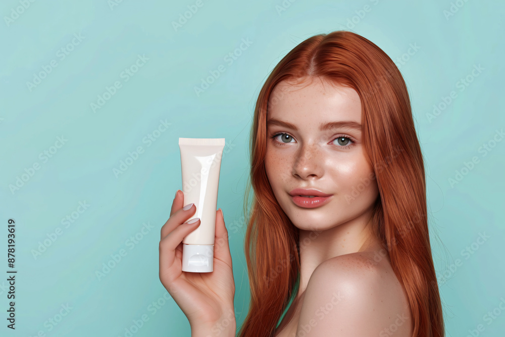 Portrait of a beautiful woman with red straight hair holding a white cream tube in her hand, isolated on a pastel background, copy space for a text banner concept in the skin care and beauty industry Portrait of a beautiful woman with red straight hair holding a white cream tube in her hand, isolated on a pastel background, copy space for a text banner concept in the skin care and beauty industry