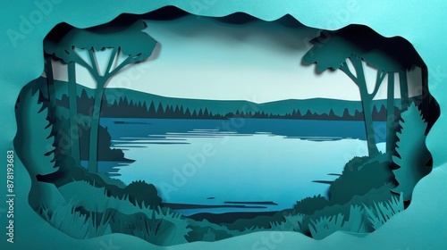 Teal paper silhouette of a tranquil lake scene, embodying peace and natural beauty.