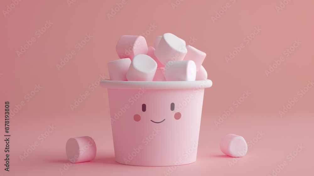 Cute Pink Cup Filled with Marshmallows Adorable pink cup with a smiling face filled with marshmallows in a soft pastel setting, radiating charm and sweetness Cute Pink Cup Filled with Marshmallows Adorable pink cup with a smiling face filled with marshmallows in a soft pastel setting, radiating charm and sweetness