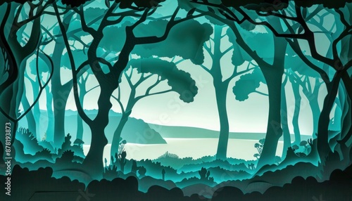 Teal paper silhouette of a tranquil forest scene, capturing the serenity and mystery of the woods.