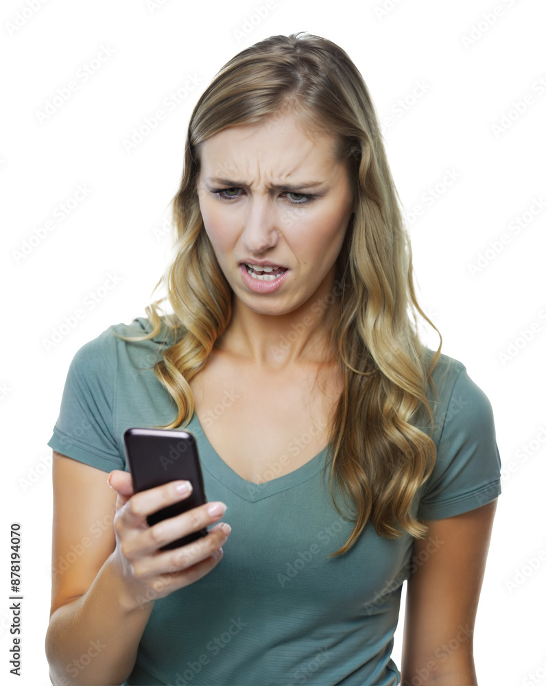 Woman looking upset while using smartphone, cut out - stock png. Woman looking upset while using smartphone, cut out - stock png.