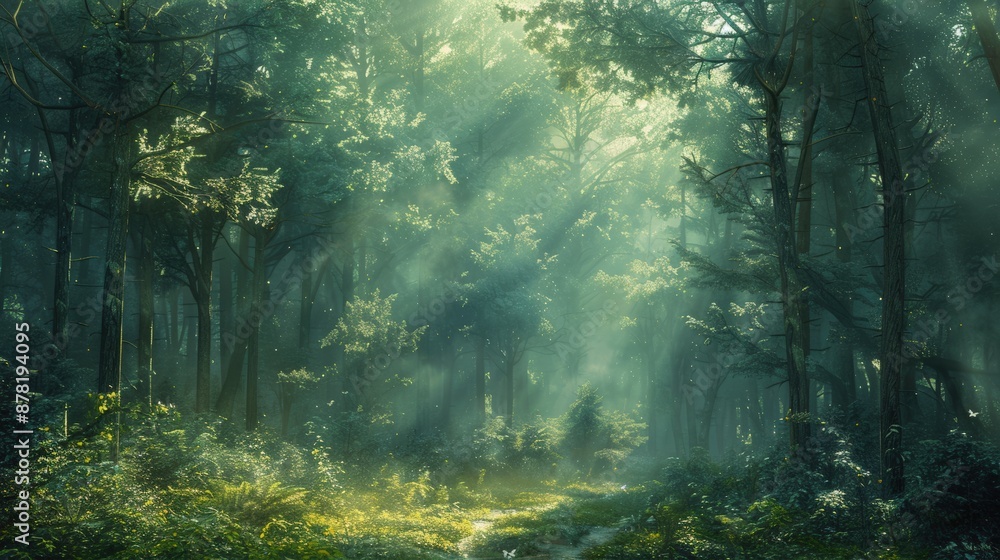 Obraz premium Sunlight shining through fog in lush green forest