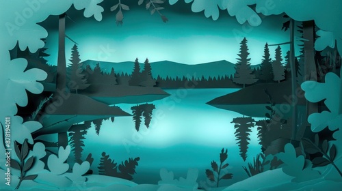 Teal paper silhouette of a tranquil lake scene, embodying peace and natural beauty.