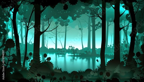 Teal paper silhouette of a tranquil forest scene, capturing the serenity and mystery of the woods.