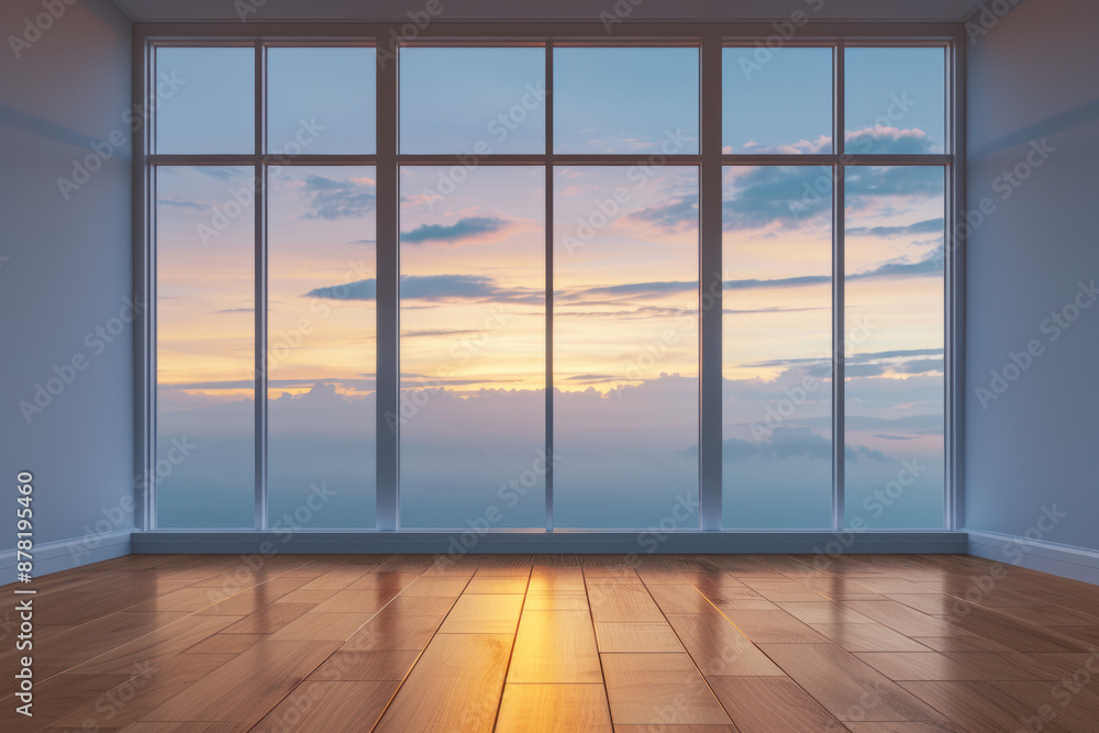Fototapeta premium Sunset view through large floor-to-ceiling windows in an empty room with wooden flooring, capturing a serene and peaceful atmosphere.