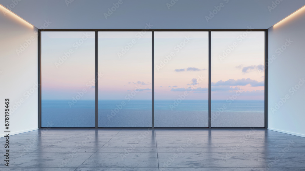 Fototapeta premium Modern empty room with large glass windows overlooking serene ocean at sunset, minimalist interior design, high-rise building with stunning sea view.