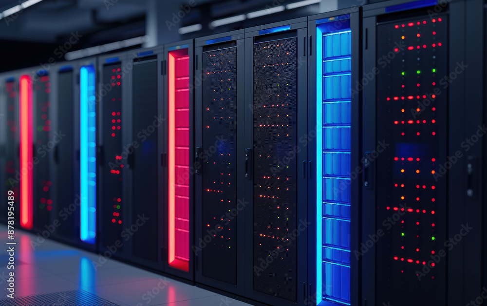 Modern data center with colorful LED-lit server racks, advanced technology infrastructure, high-performance computing, and robust data storage. Modern data center with colorful LED-lit server racks, advanced technology infrastructure, high-performance computing, and robust data storage.