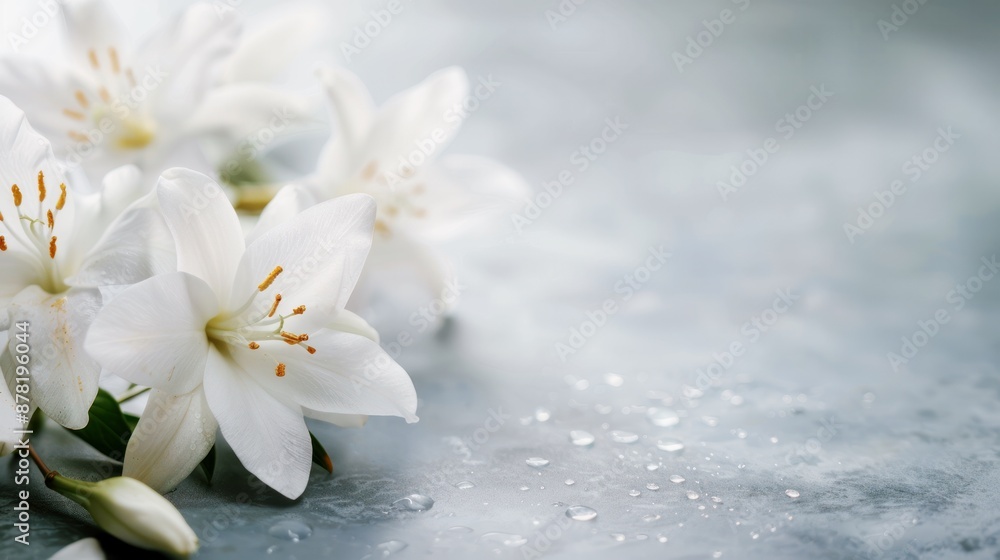 elegant white lilies with dew drops on a gentle gray mourning or funeral background