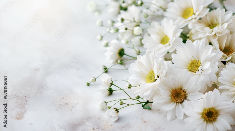 white daisy flowers on white background, funeral, memorial with space for text