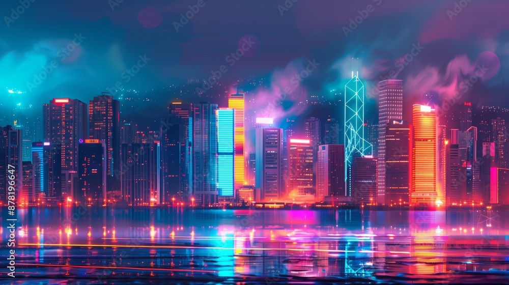 Fototapeta premium A vibrant cityscape at night with illuminated skyscrapers and neon lights captures urban life's dynamic essence.