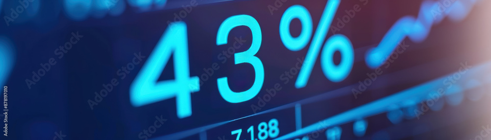 Fototapeta premium Close-up of a digital screen displaying financial data with a percentage highlight, representing market trends and economic analysis.