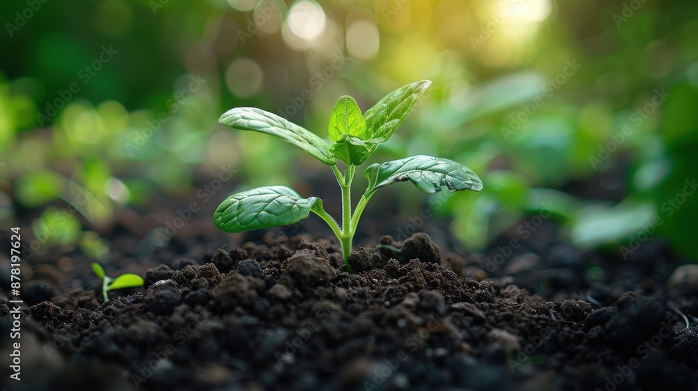 A close-up image of a small, vibrant green plant emerging from rich, dark soil, surrounded by a blurred natural background with sunlight filtering through leaves A close-up image of a small, vibrant green plant emerging from rich, dark soil, surrounded by a blurred natural background with sunlight filtering through leaves